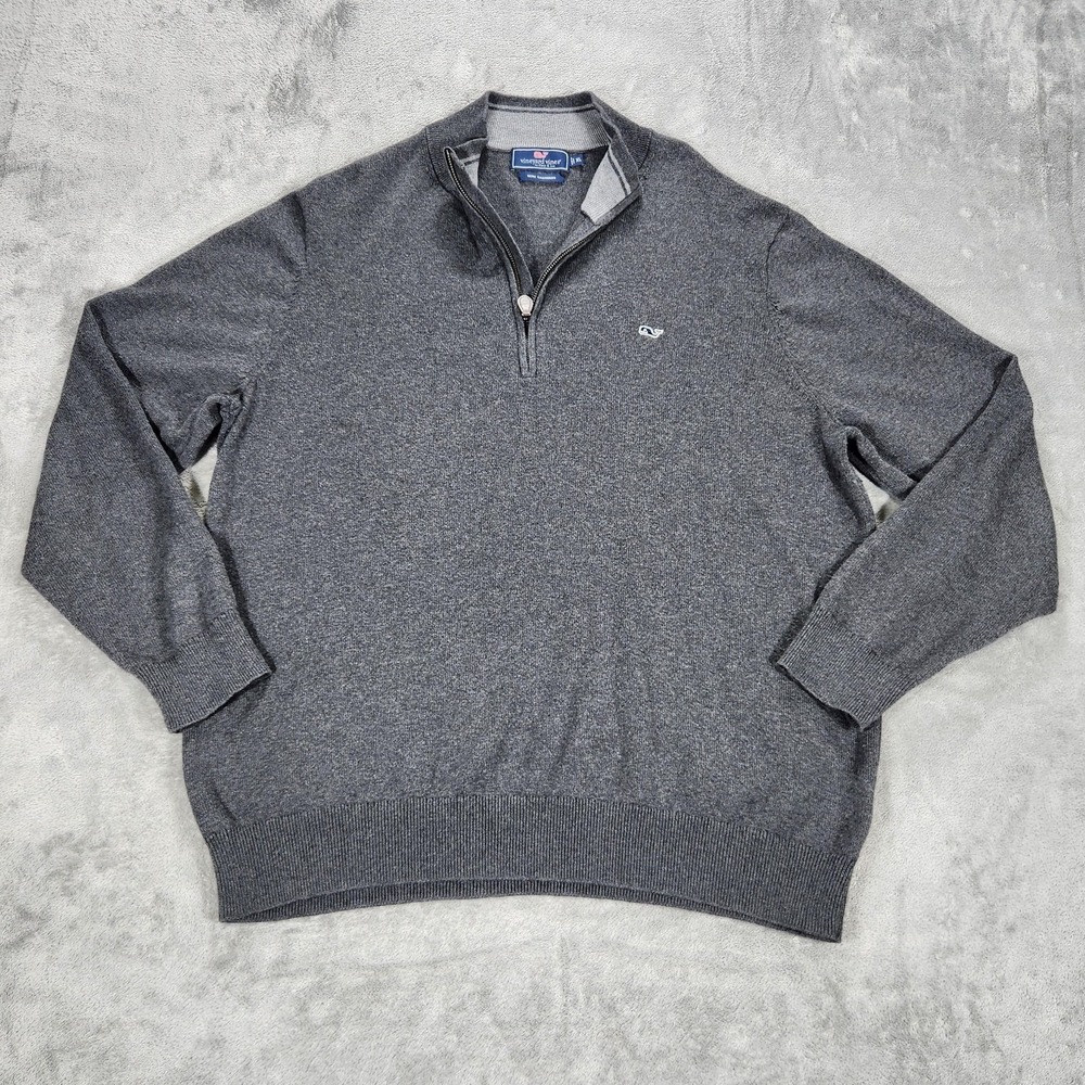 Vineyard Vines Sweater Mens XL Gray 1/4 Zip Mock Neck Cotton Cashmere Knit